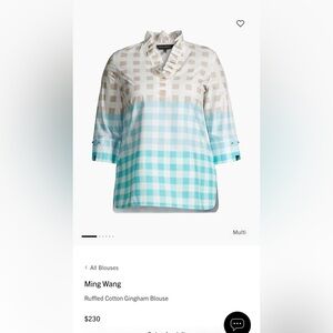 Ming Wang Women’s Ruffled Cotton Gingham Blouse Spring Casual Tan/Blue Size Med